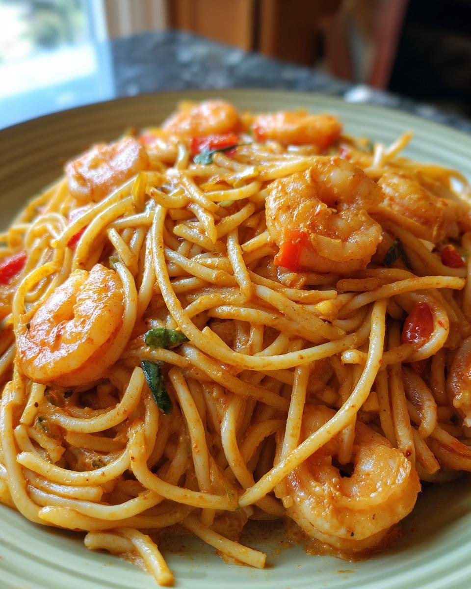 A close-up of Flavorful Creamy Cajun Shrimp Linguine, showcasing plump shrimp coated in a rich, orange sauce with linguine pasta.