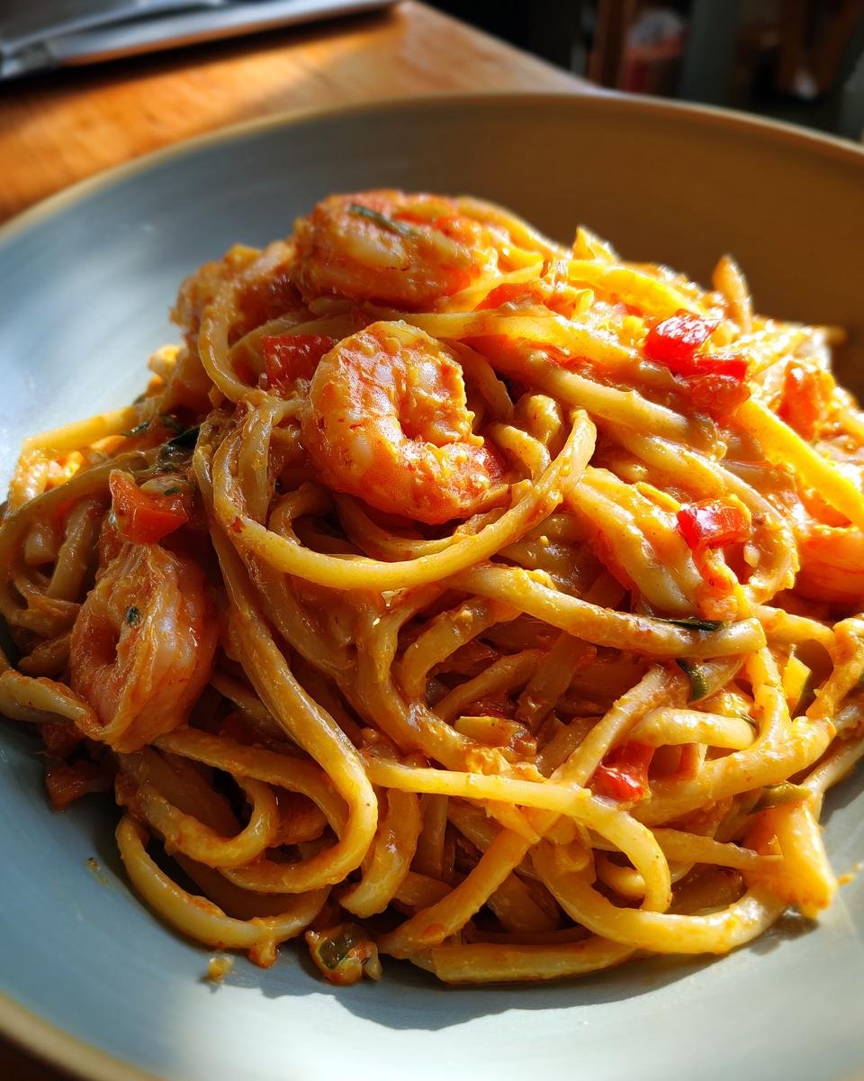 A close-up of Flavorful Creamy Cajun Shrimp Linguine, showcasing plump shrimp coated in a rich, orange sauce with linguine pasta.