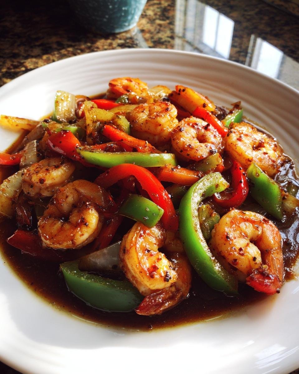 A close-up of a plate filled with Flavorful Honey Garlic Shrimp Stir Fry, featuring plump shrimp and colorful bell peppers in a glossy sauce.