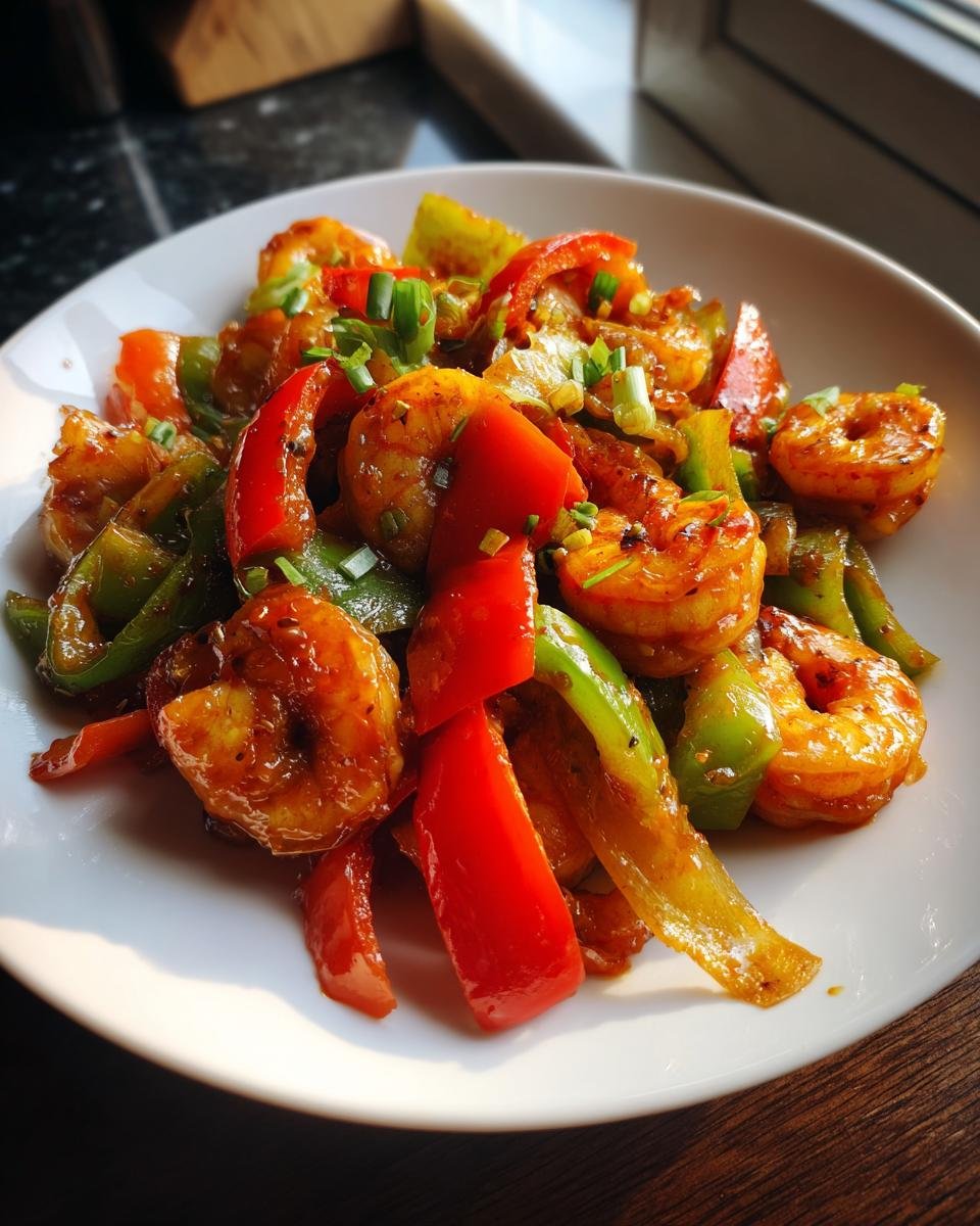 A close-up of a white plate filled with a Flavorful Honey Garlic Shrimp Stir Fry, featuring plump shrimp and colorful bell peppers.