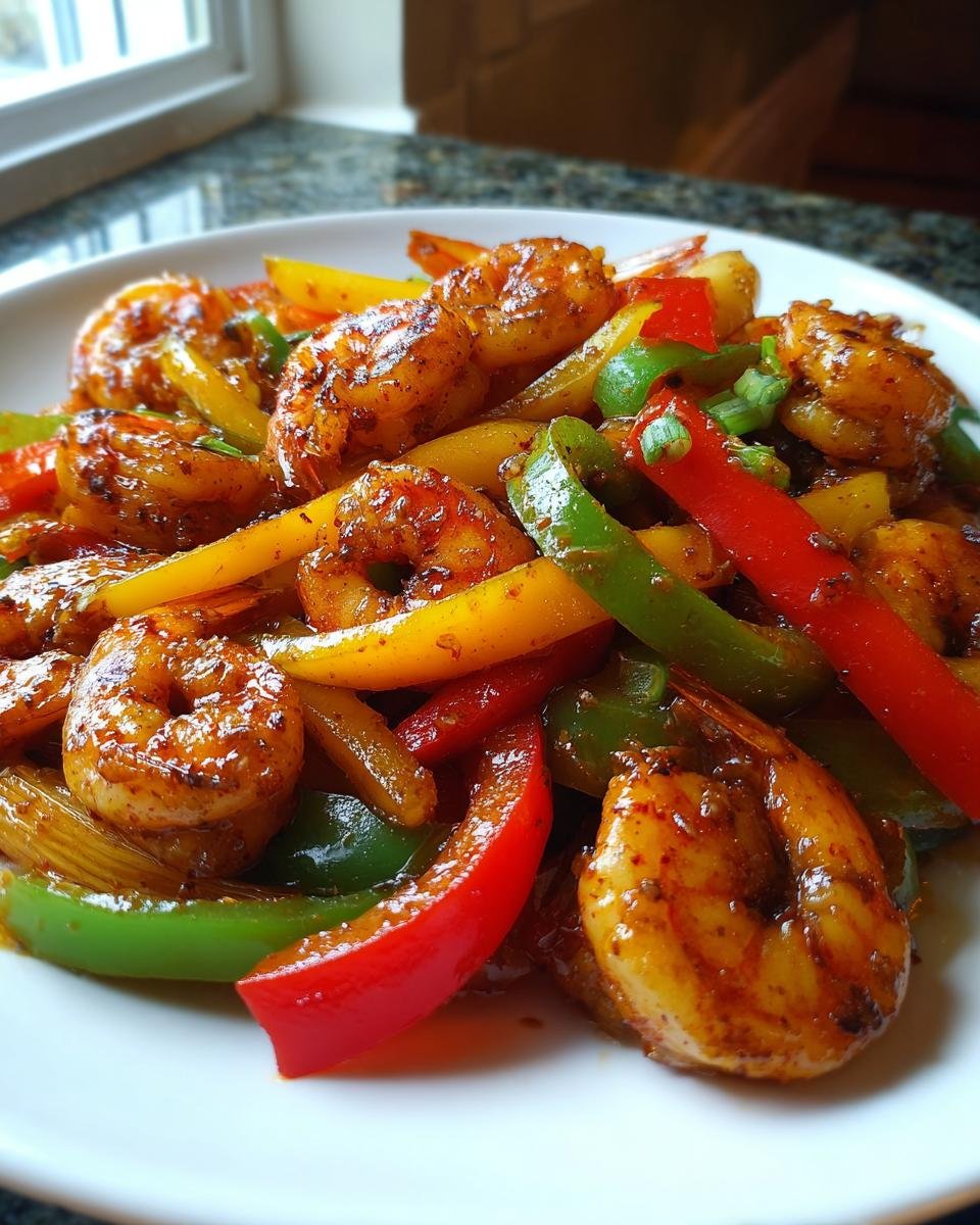 Close-up of a white plate filled with a Flavorful Honey Garlic Shrimp Stir Fry, featuring colorful bell peppers and succulent shrimp coated in sauce.