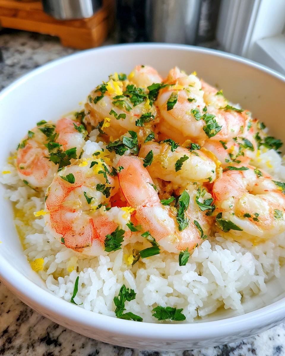 A close-up of a flavorful lemon garlic shrimp rice bowl, featuring plump shrimp, white rice, and fresh parsley.