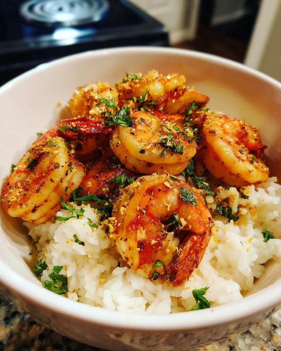 A close-up of a bowl filled with white rice and topped with perfectly cooked, flavorful lemon garlic shrimp and fresh parsley.