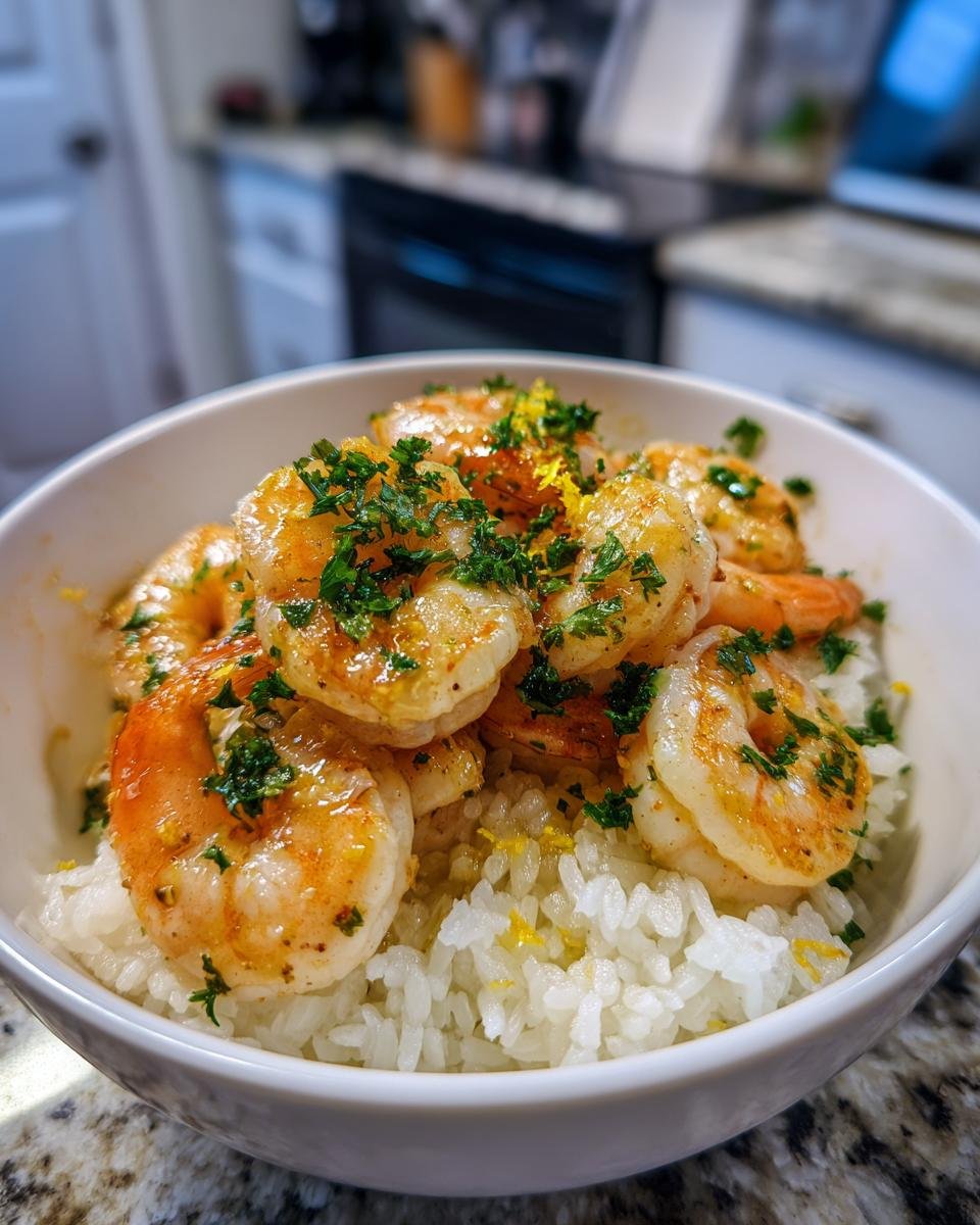 Close-up of a white bowl filled with fluffy white rice topped with succulent lemon garlic shrimp and fresh parsley.