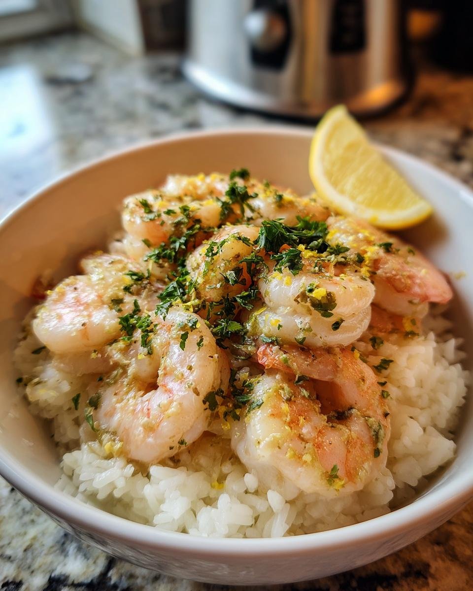A close-up of a bowl filled with white rice and topped with juicy lemon garlic shrimp and fresh parsley.