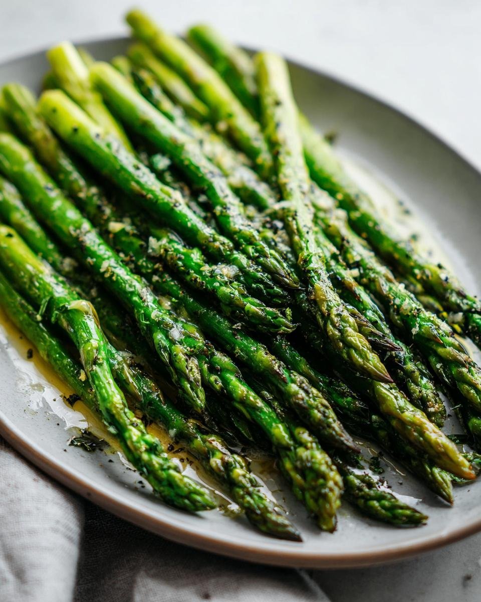 Close-up of a platter of Flavorful Roasted Asparagus With Lemon Garlic Butter, glistening with sauce and herbs.