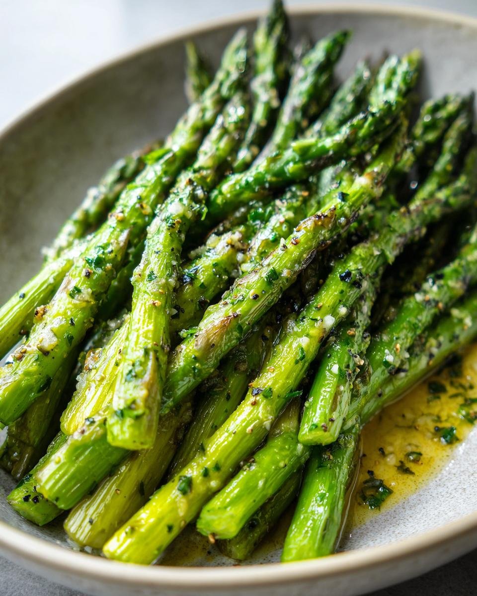 A close-up of Flavorful Roasted Asparagus With Lemon Garlic Butter in a bowl, glistening with sauce and herbs.