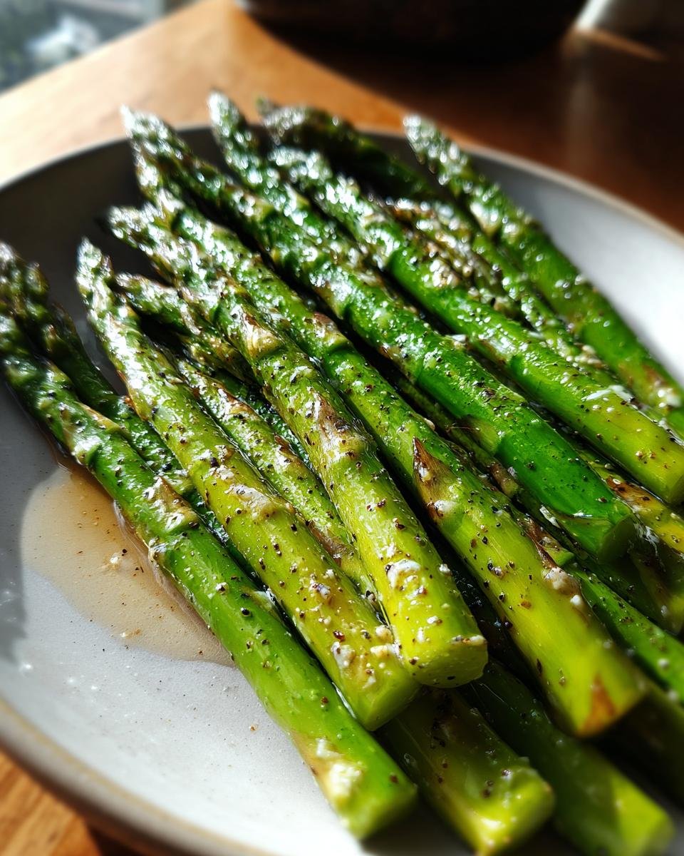 Close-up of tender, bright green Flavorful Roasted Asparagus With Lemon Garlic Butter, glistening and seasoned.