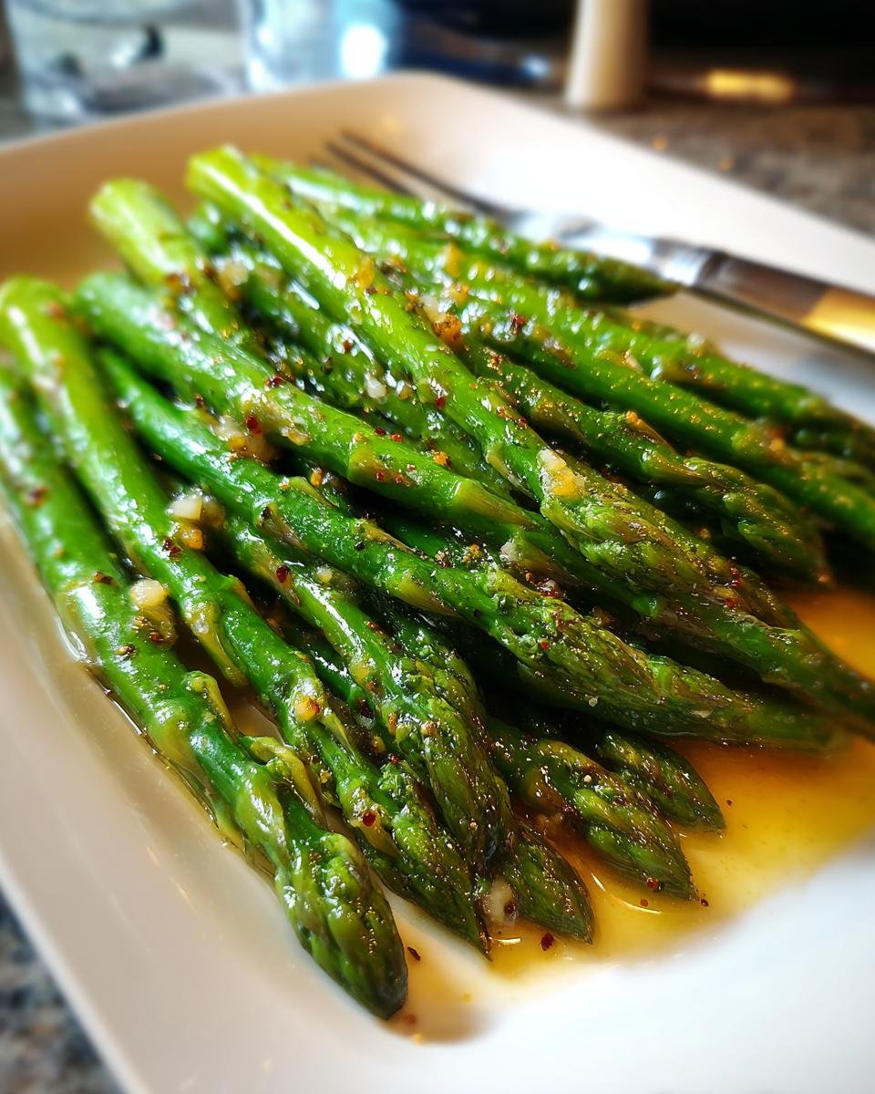 Close-up of Flavorful Roasted Asparagus With Lemon Garlic Butter glistening on a white plate.