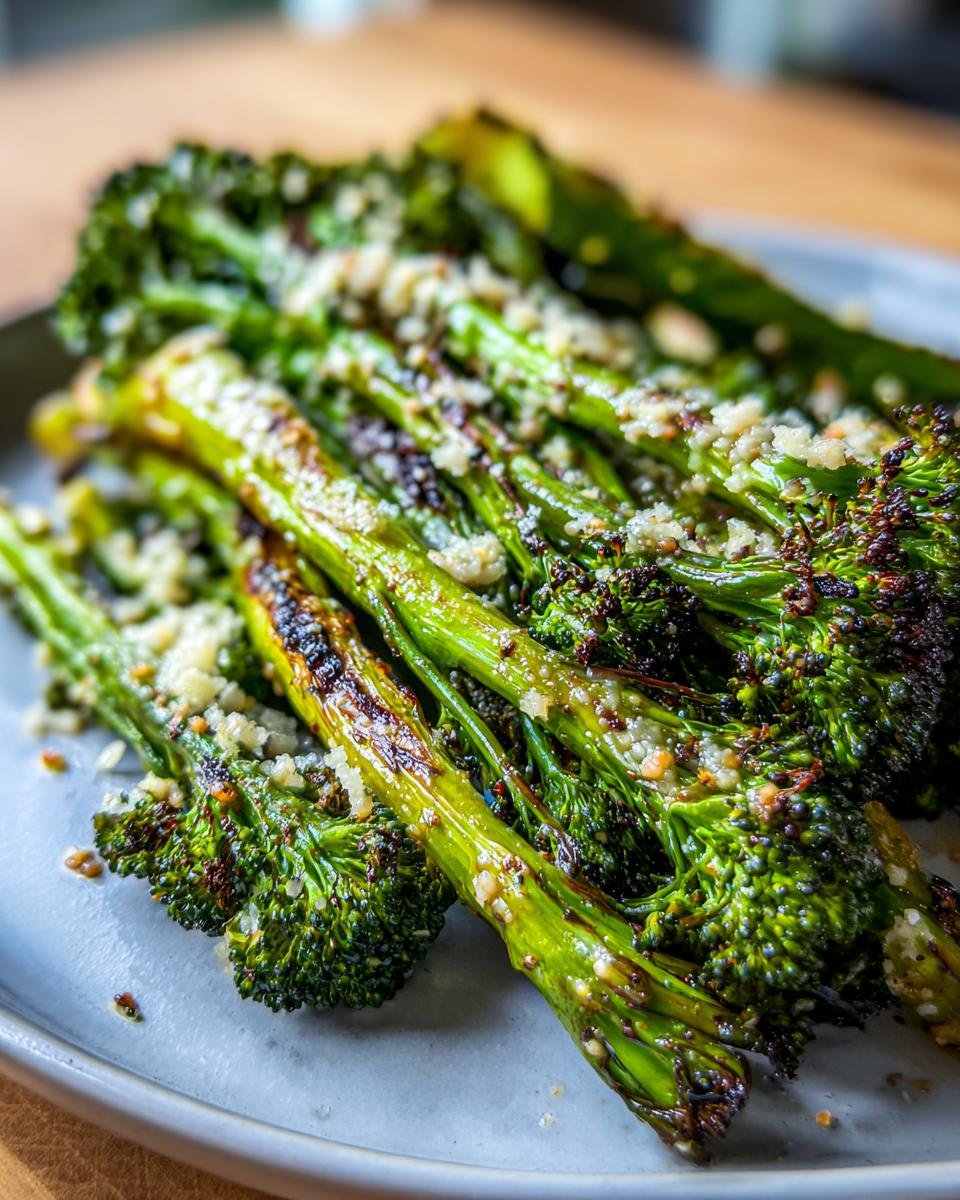 Close-up of flavorful roasted garlic parmesan broccoli on a plate, showcasing tender florets and stems with crispy edges.