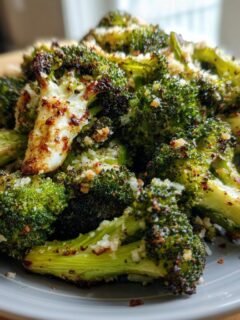 Close-up of a plate piled high with Flavorful Roasted Garlic Parmesan Broccoli, showing crispy edges and melted cheese.