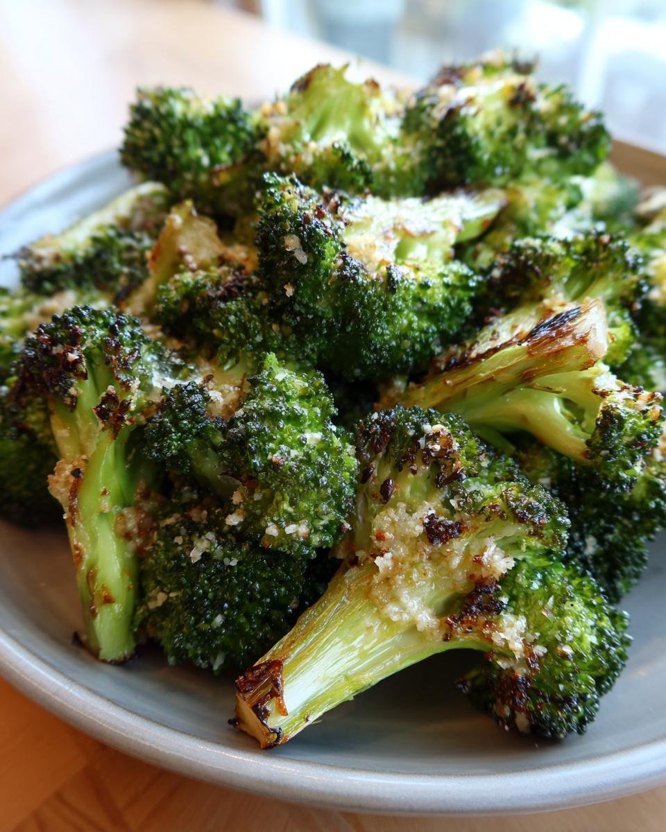 Close-up of a plate piled high with Flavorful Roasted Garlic Parmesan Broccoli, showing tender florets with crispy edges and grated cheese.
