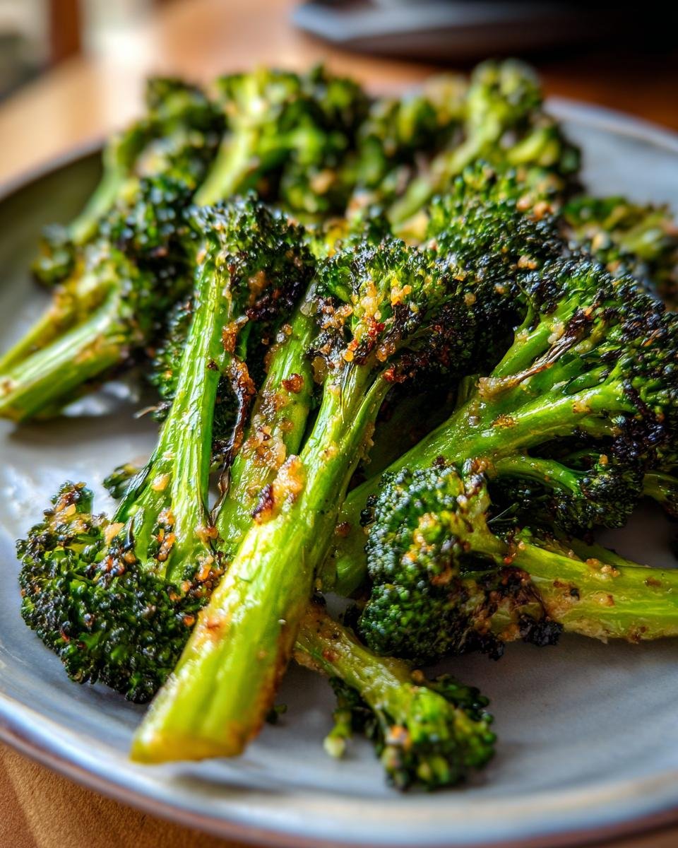 Close-up of a plate of Flavorful Roasted Garlic Parmesan Broccoli, showing tender florets and stems coated in seasonings.