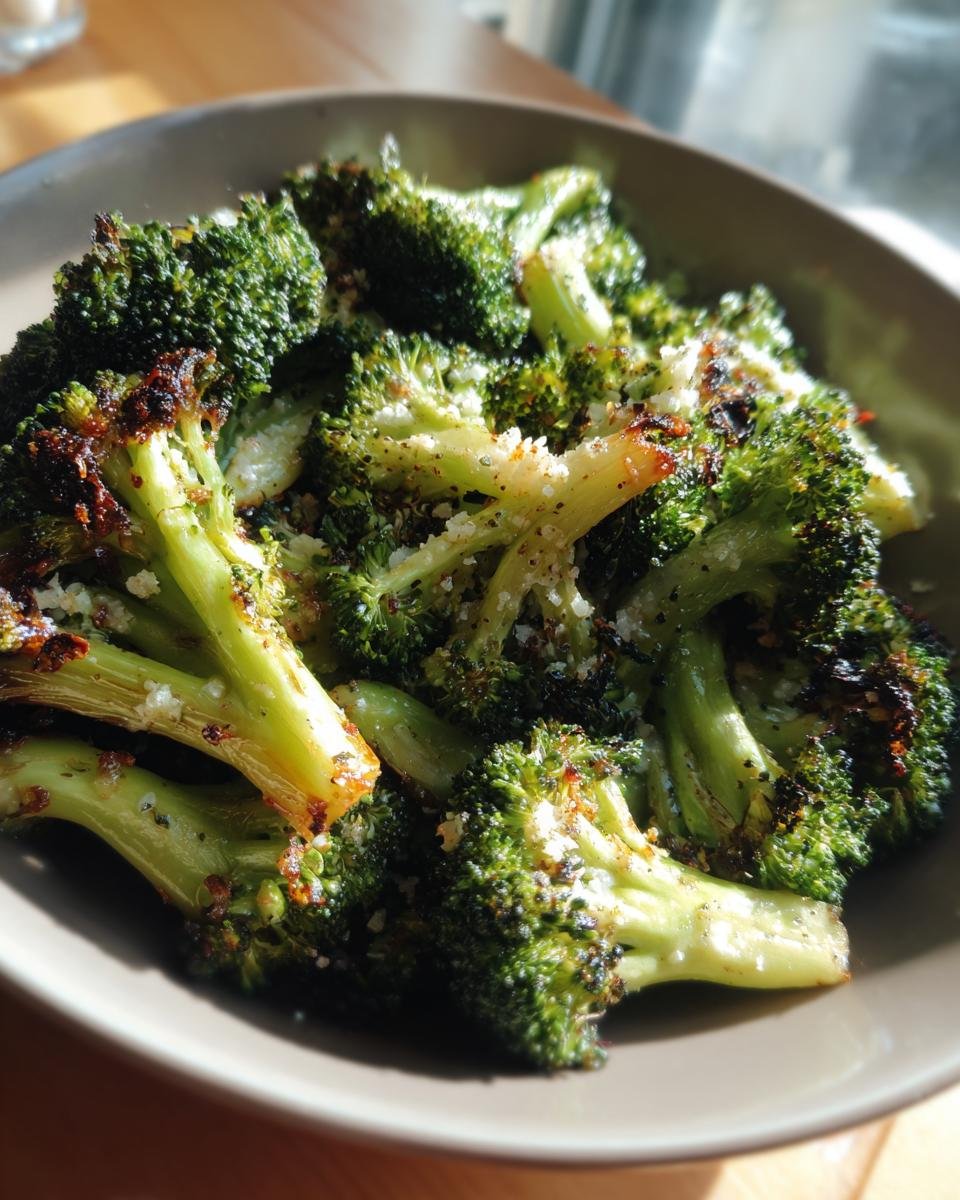 Close-up of a bowl filled with Flavorful Roasted Garlic Parmesan Broccoli, showing tender florets and stems with crispy edges.