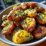 Close-up of a bowl filled with Flavorful Roasted Potatoes With Garlic Herb Butter, glistening and topped with fresh herbs.