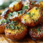 Close-up of flavorful roasted potatoes with garlic herb butter, glistening and topped with fresh herbs.