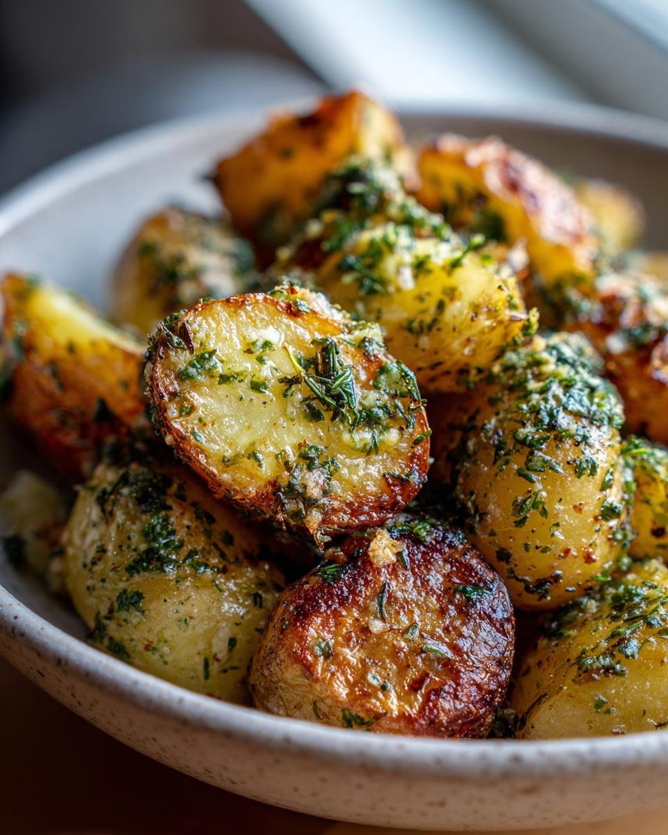 Close-up of flavorful roasted potatoes with garlic herb butter, glistening and sprinkled with fresh herbs.