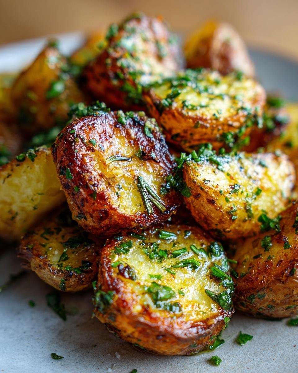 Close-up of flavorful roasted potatoes with garlic herb butter and fresh parsley.