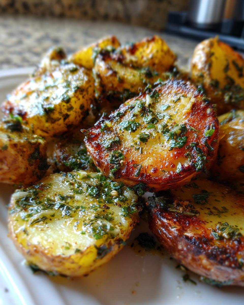 Close-up of Flavorful Roasted Potatoes With Garlic Herb Butter, glistening with melted butter and fresh herbs.