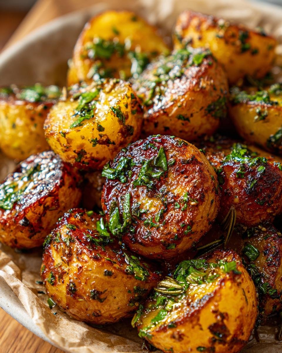 Close-up of flavorful roasted potatoes with garlic herb butter and fresh parsley.
