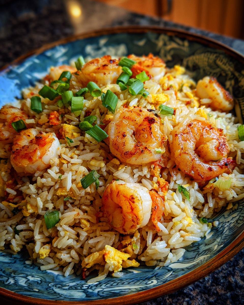 A close-up of a bowl filled with Flavorful Shrimp Fried Rice Simple and Tasty, topped with plump shrimp and green onions.