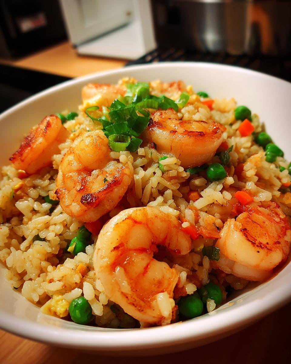A close-up of a bowl filled with Flavorful Shrimp Fried Rice Simple And Tasty, featuring plump shrimp, peas, carrots, and scrambled egg.
