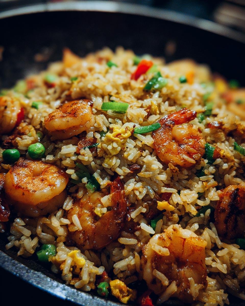 Close-up of Flavorful Shrimp Fried Rice, showcasing plump shrimp, peas, scrambled egg, and green onions.