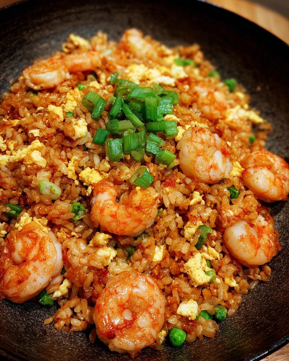 A close-up of flavorful shrimp fried rice, featuring plump shrimp, scrambled eggs, peas, and green onions.