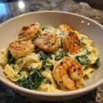 A bowl of Flavorful Shrimp and Spinach Pasta with Garlic Cream, topped with seasoned shrimp and grated Parmesan cheese.