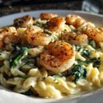 Close-up of Flavorful Shrimp and Spinach Pasta with Garlic Cream, featuring perfectly cooked shrimp and vibrant spinach in a creamy sauce.