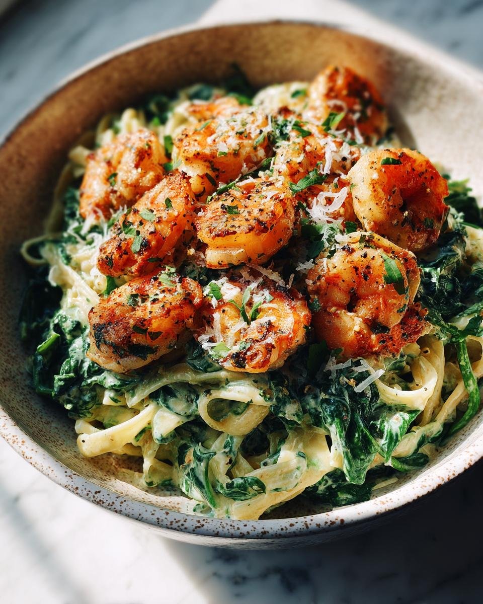 A close-up of Flavorful Shrimp and Spinach Pasta with Garlic Cream, topped with seasoned shrimp and grated Parmesan.
