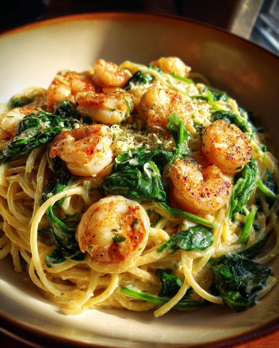 Close-up of Flavorful Shrimp And Spinach Pasta With Garlic Cream, featuring perfectly cooked shrimp and wilted spinach in a creamy sauce.