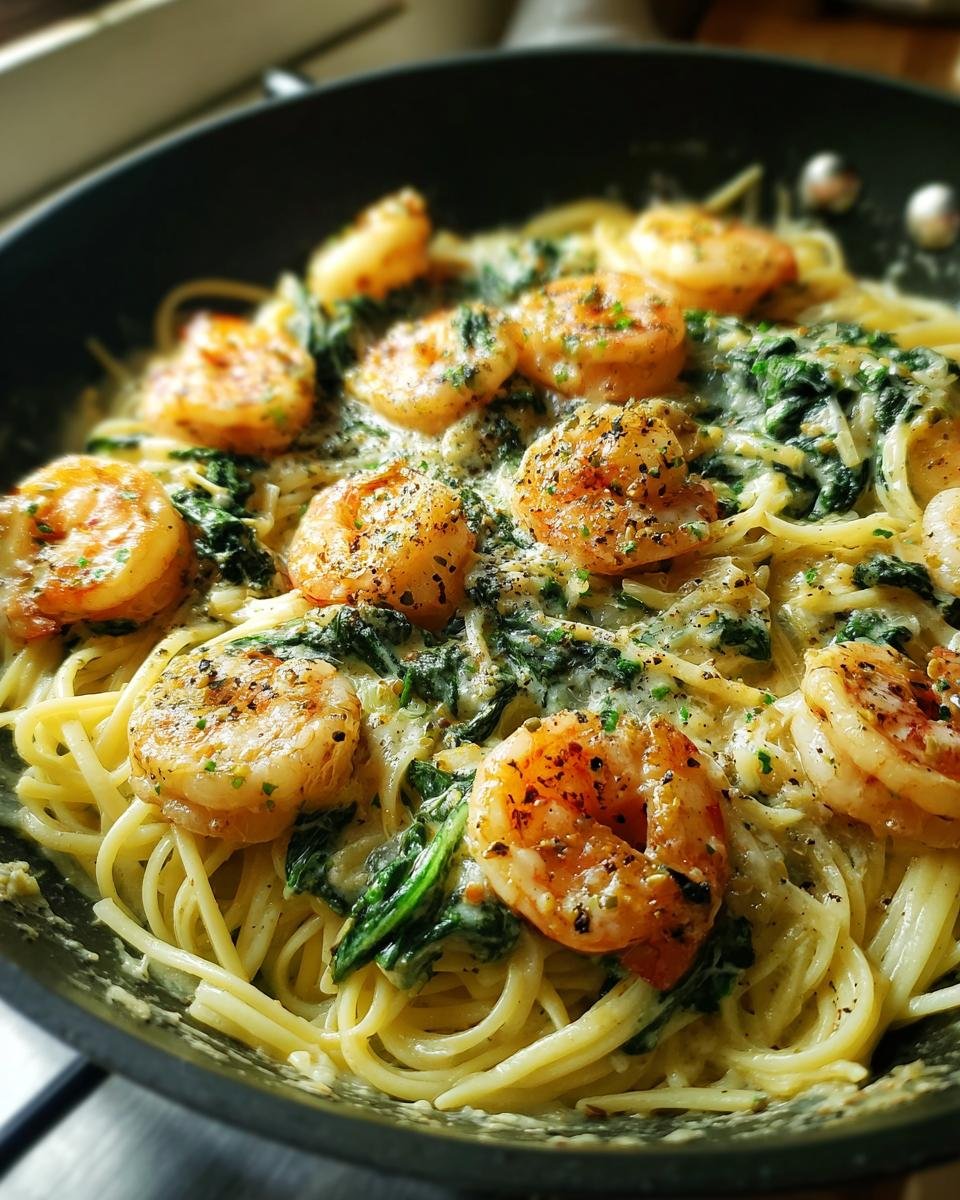 Close-up of Flavorful Shrimp and Spinach Pasta with Garlic Cream in a skillet, topped with seasoned shrimp and fresh herbs.