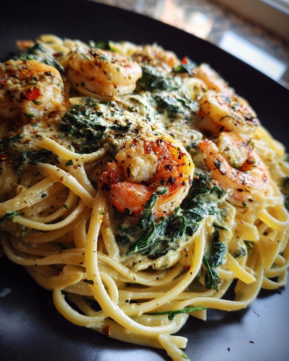 Close-up of Flavorful Shrimp and Spinach Pasta with Garlic Cream, featuring linguine, plump shrimp, and wilted spinach in a creamy sauce.