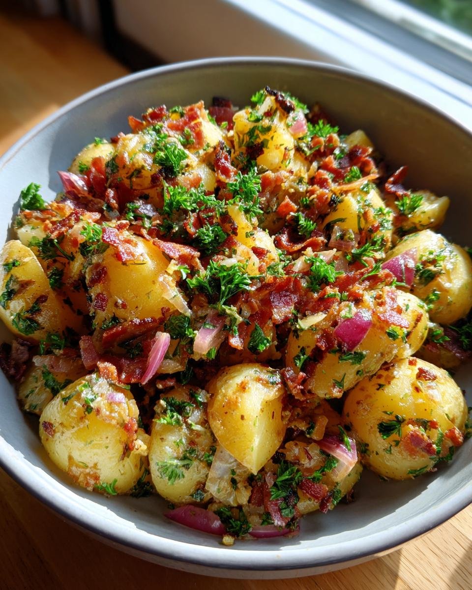 A close-up of a bowl filled with Flavorful Warm German Potato Salad, featuring potatoes, bacon, red onion, and parsley.