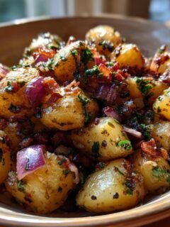 Close-up of a bowl of Flavorful Warm German Potato Salad, featuring golden potatoes, red onions, bacon bits, and fresh parsley.