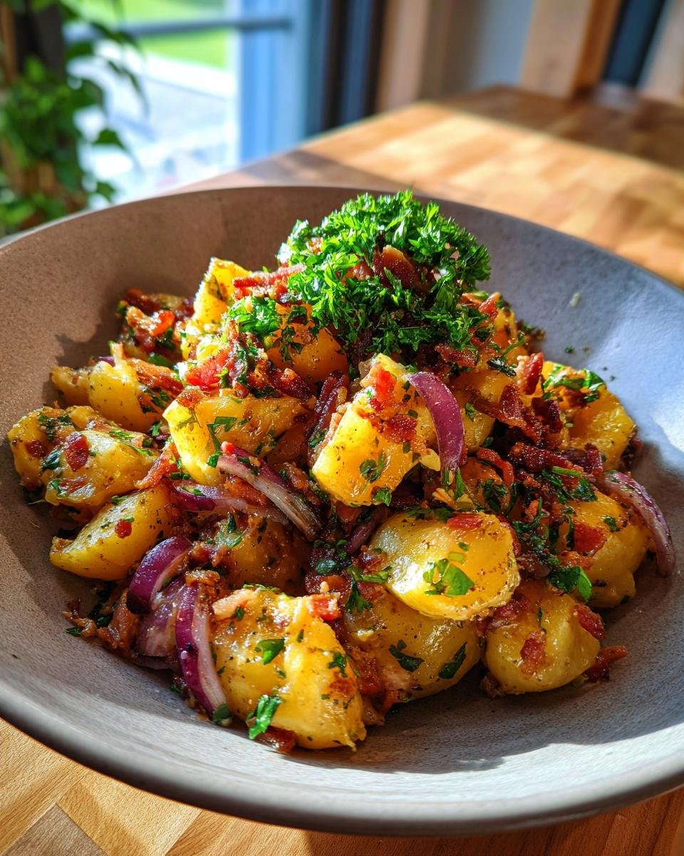 A close-up of a bowl of flavorful warm German potato salad, topped with bacon, red onion, and parsley.