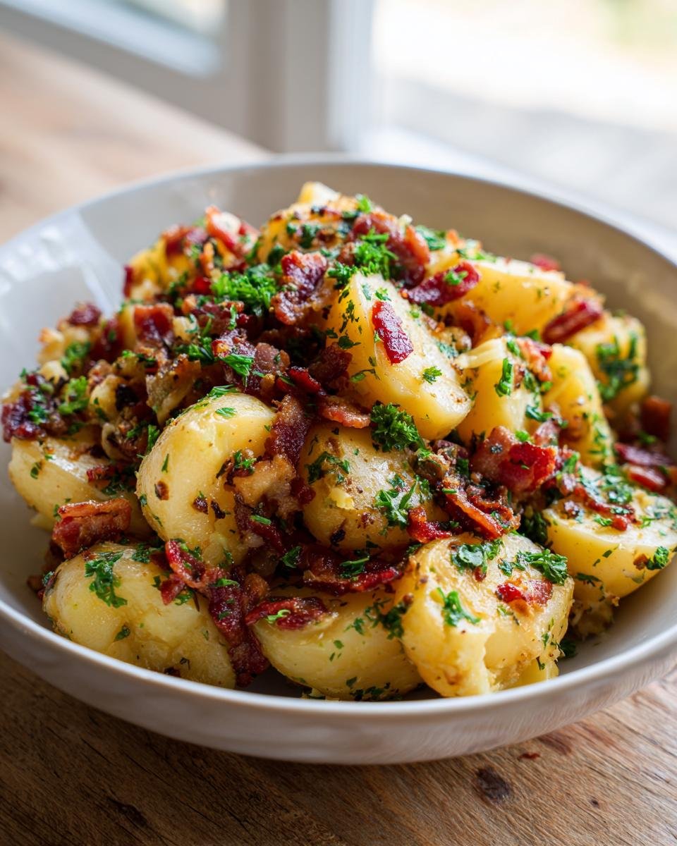 A close-up of a bowl filled with Flavorful Warm German Potato Salad, topped with crispy bacon bits and fresh parsley.