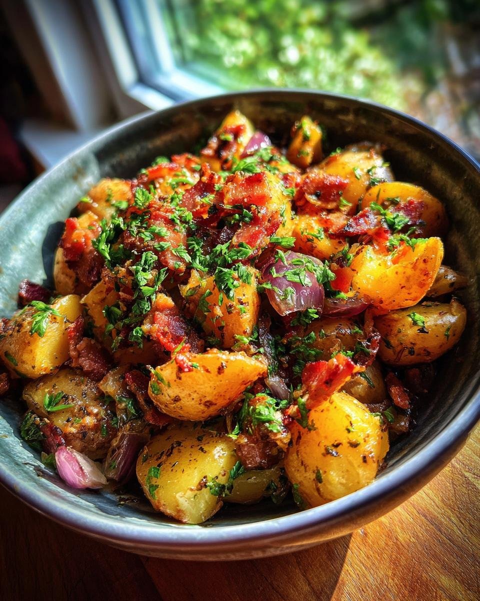 Close-up of a bowl filled with Flavorful Warm German Potato Salad, featuring golden potatoes, crispy bacon, red onion, and fresh parsley.