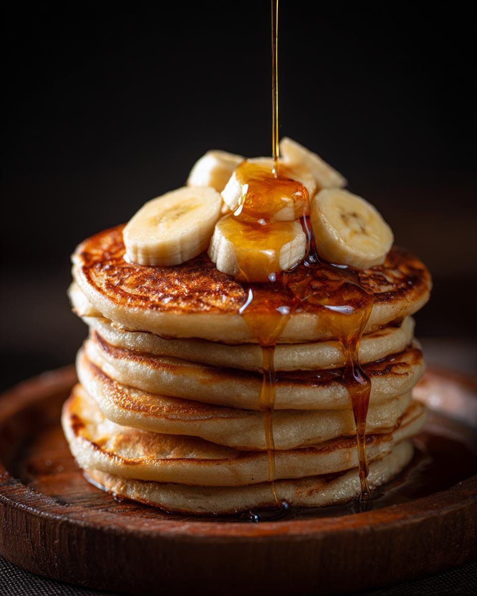 A stack of fluffy pancakes topped with sliced bananas and drizzled with syrup.