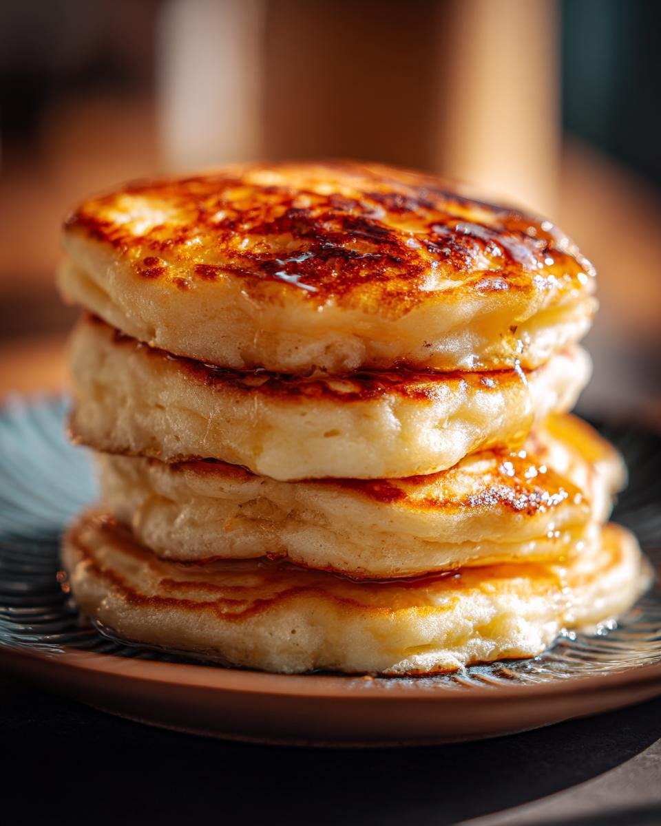 A close-up stack of fluffy pancakes, golden brown and glistening with syrup, ready to be enjoyed.
