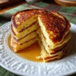 A tall stack of fluffy pancakes, cut to reveal their pillowy soft interior and golden-brown crust, drizzled with syrup.