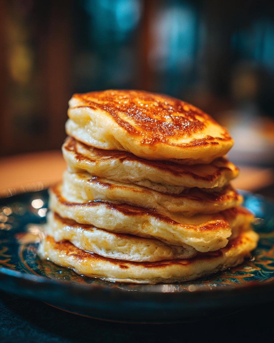 A tall stack of fluffy pancakes, golden brown and glistening with syrup, on a decorative plate.