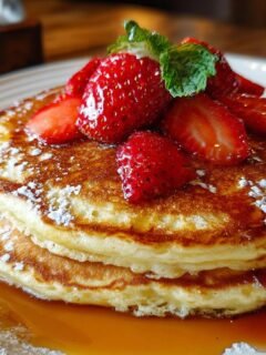 A stack of fluffy pancakes topped with fresh strawberries, powdered sugar, and syrup, showcasing pillowy perfection.