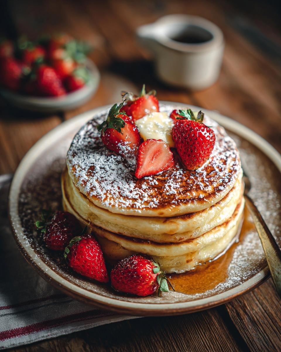 A stack of fluffy pancakes topped with strawberries, powdered sugar, and syrup, part of a Fluffy Pancakes Recipe.