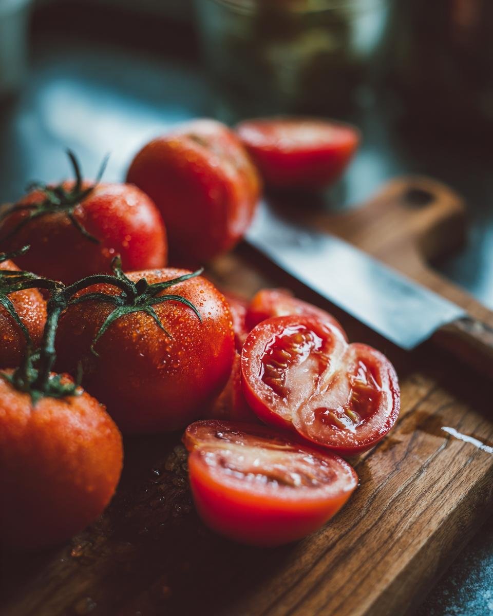 A cluster of fresh, ripe tomatoes, some whole and some halved, on a wooden cutting board with a knife.