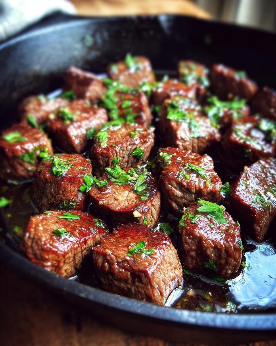 Close-up of Irresistible Garlic Butter Steak Bites sizzling in a cast-iron skillet, garnished with fresh parsley.
