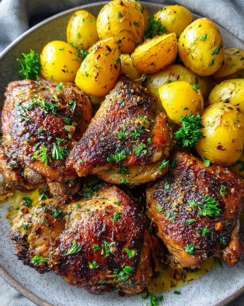 Close-up of Irresistible Garlic Parmesan Chicken and Potatoes, featuring golden-brown chicken thighs and roasted baby potatoes, garnished with parsley.