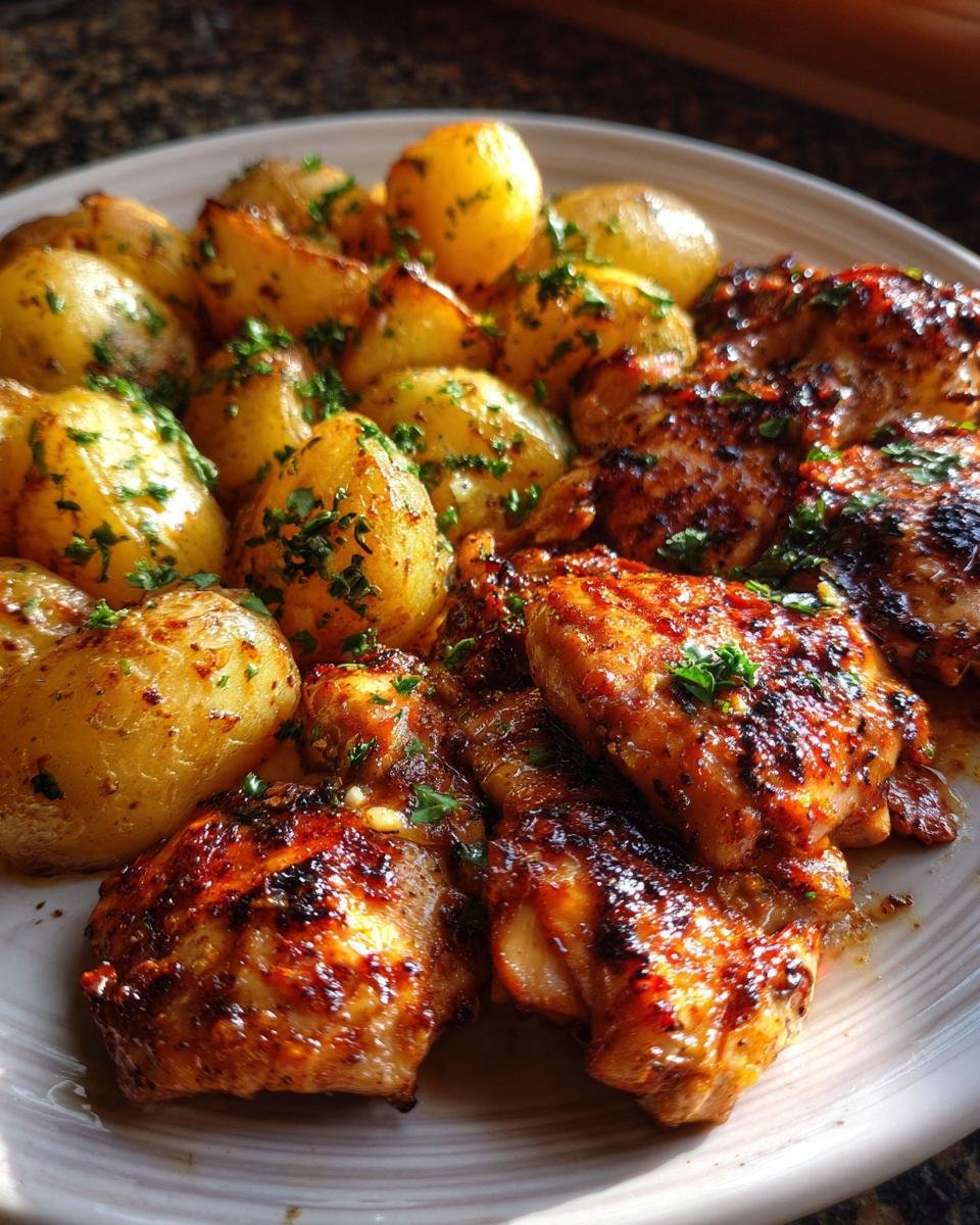 Close-up of a platter filled with Irresistible Garlic Parmesan Chicken and Potatoes, garnished with fresh parsley.