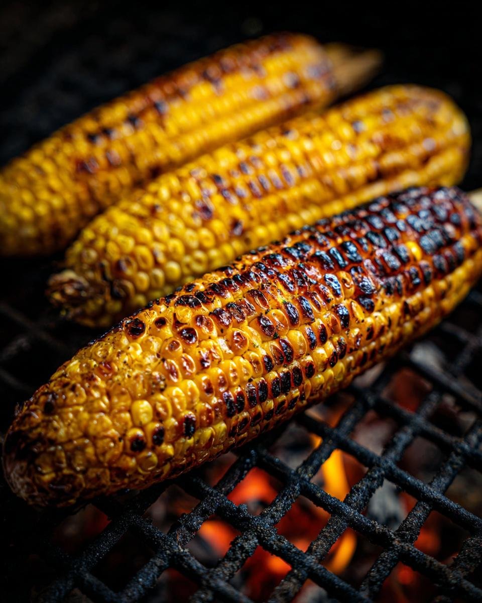 Close-up of three ears of grilled corn on the cob on a barbecue grill with flames visible below.